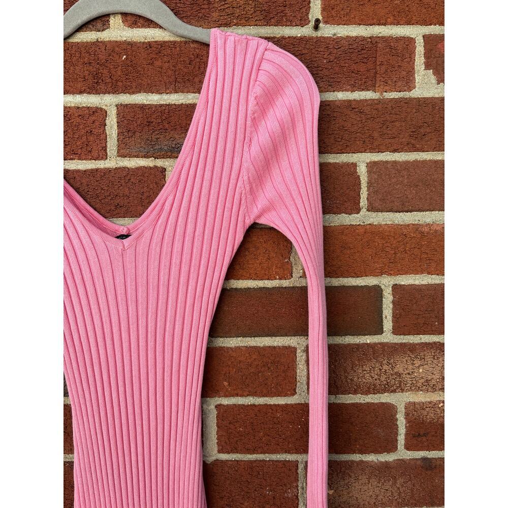 Fashion Nova Pink Ribbed Bodycon Midi Dress XS Long Sleeve V Neck Stretch - Picture 4 of 7